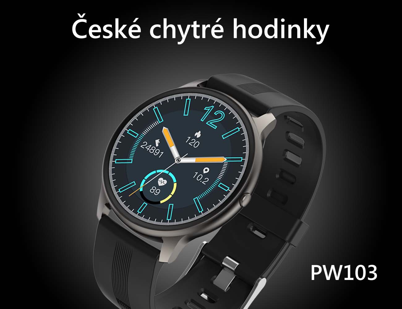 Chytré hodinky v češtině, PW-103, Bluetooth 5.0, elegantní smart watch s krokoměrem, oxymetrem, měřením tepu, tlaku, stříbrné s černým páskem