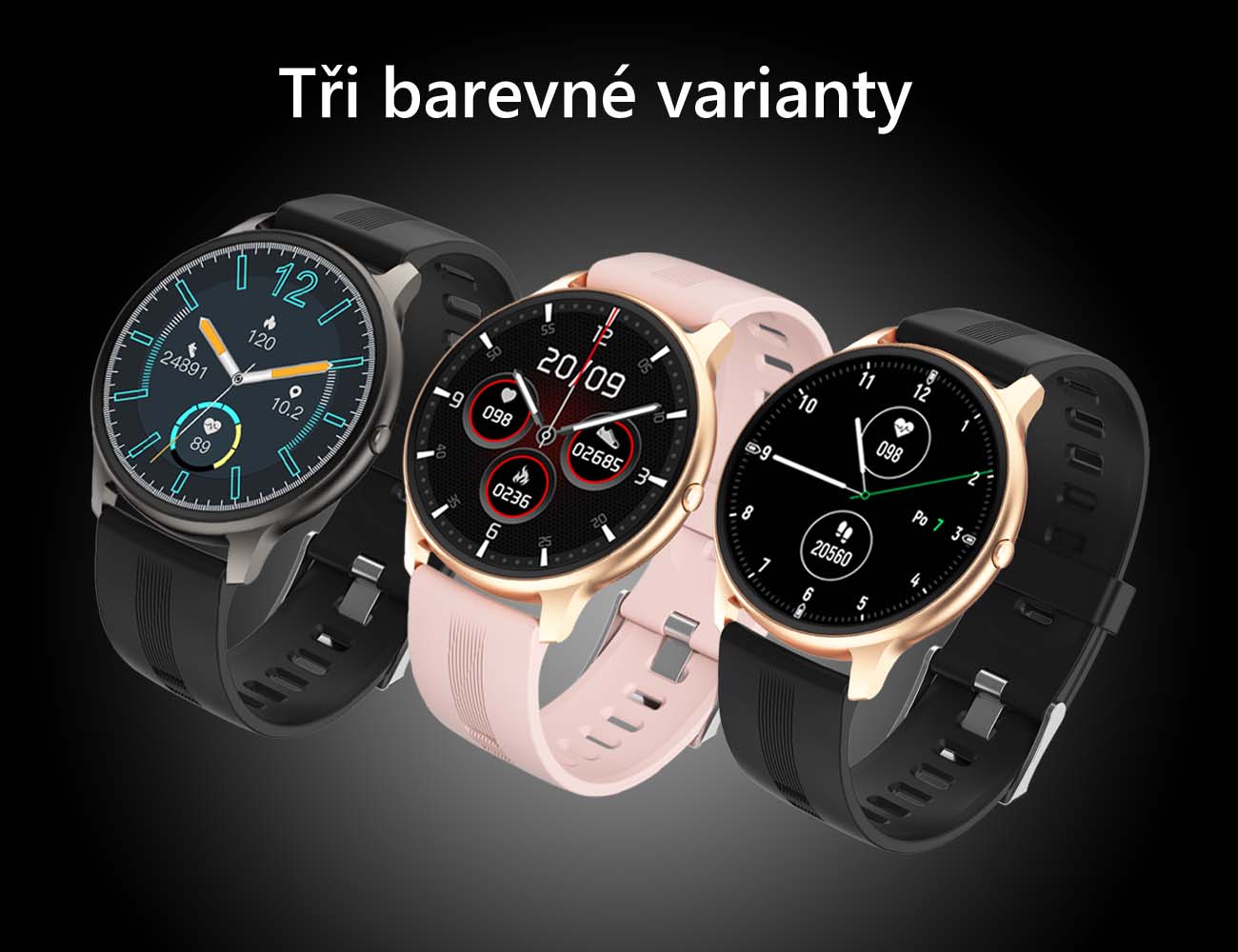 Chytré hodinky v češtině, PW-103, Bluetooth 5.0, elegantní smart watch s krokoměrem, oxymetrem, měřením tepu, tlaku, stříbrné s černým páskem