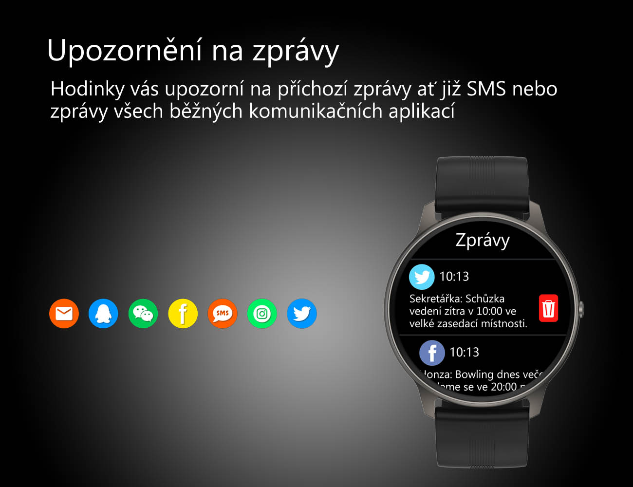 Chytré hodinky v češtině, PW-103, Bluetooth 5.0, elegantní smart watch s krokoměrem, oxymetrem, měřením tepu, tlaku, stříbrné s černým páskem