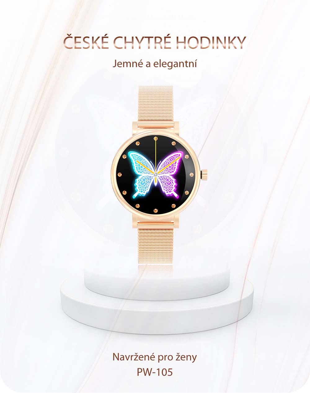Chytré hodinky v češtině, PW-105, Bluetooth 5.0, elegantní dámské smart watch s krokoměrem, oxymetrem, měřením tepu, tlaku, stříbrné