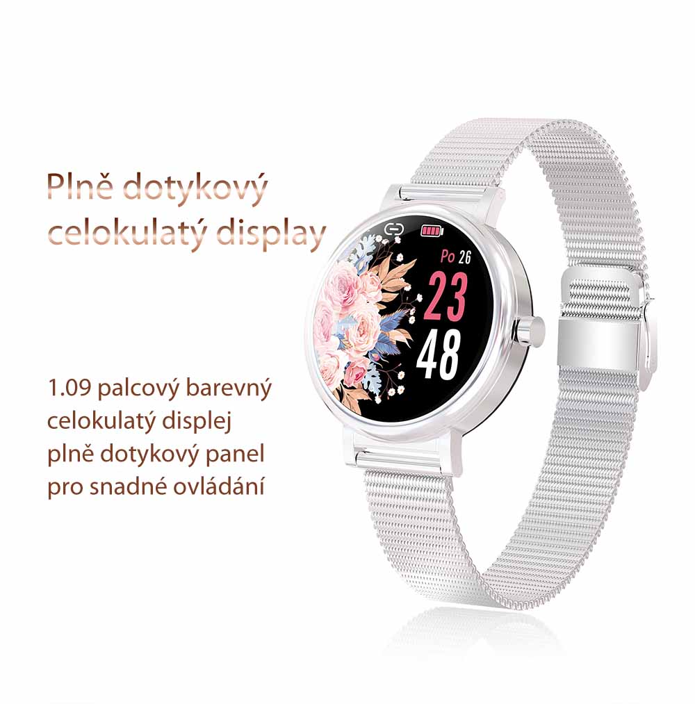 Chytré hodinky v češtině, PW-105, Bluetooth 5.0, elegantní dámské smart watch s krokoměrem, oxymetrem, měřením tepu, tlaku, stříbrné