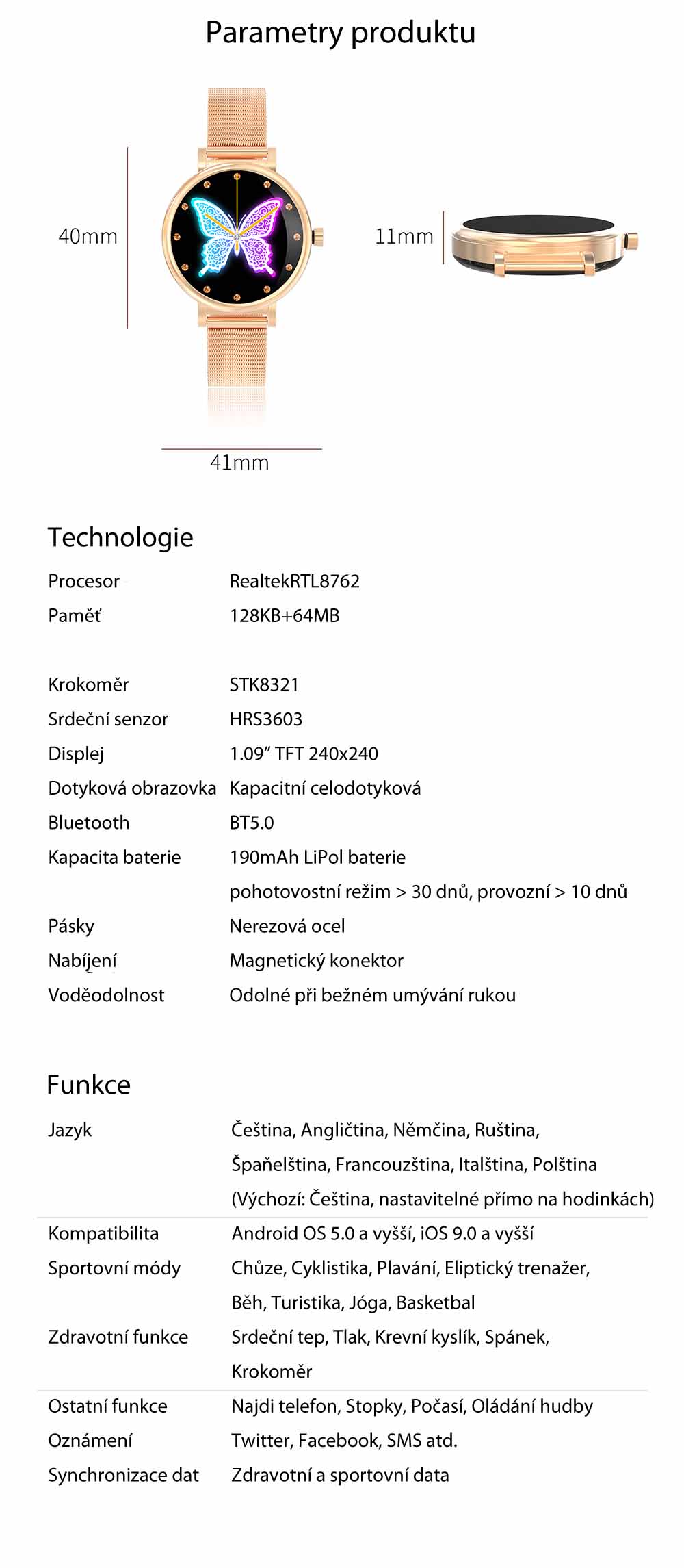 Chytré hodinky v češtině, PW-105, Bluetooth 5.0, elegantní dámské smart watch s krokoměrem, oxymetrem, měřením tepu, tlaku, stříbrné