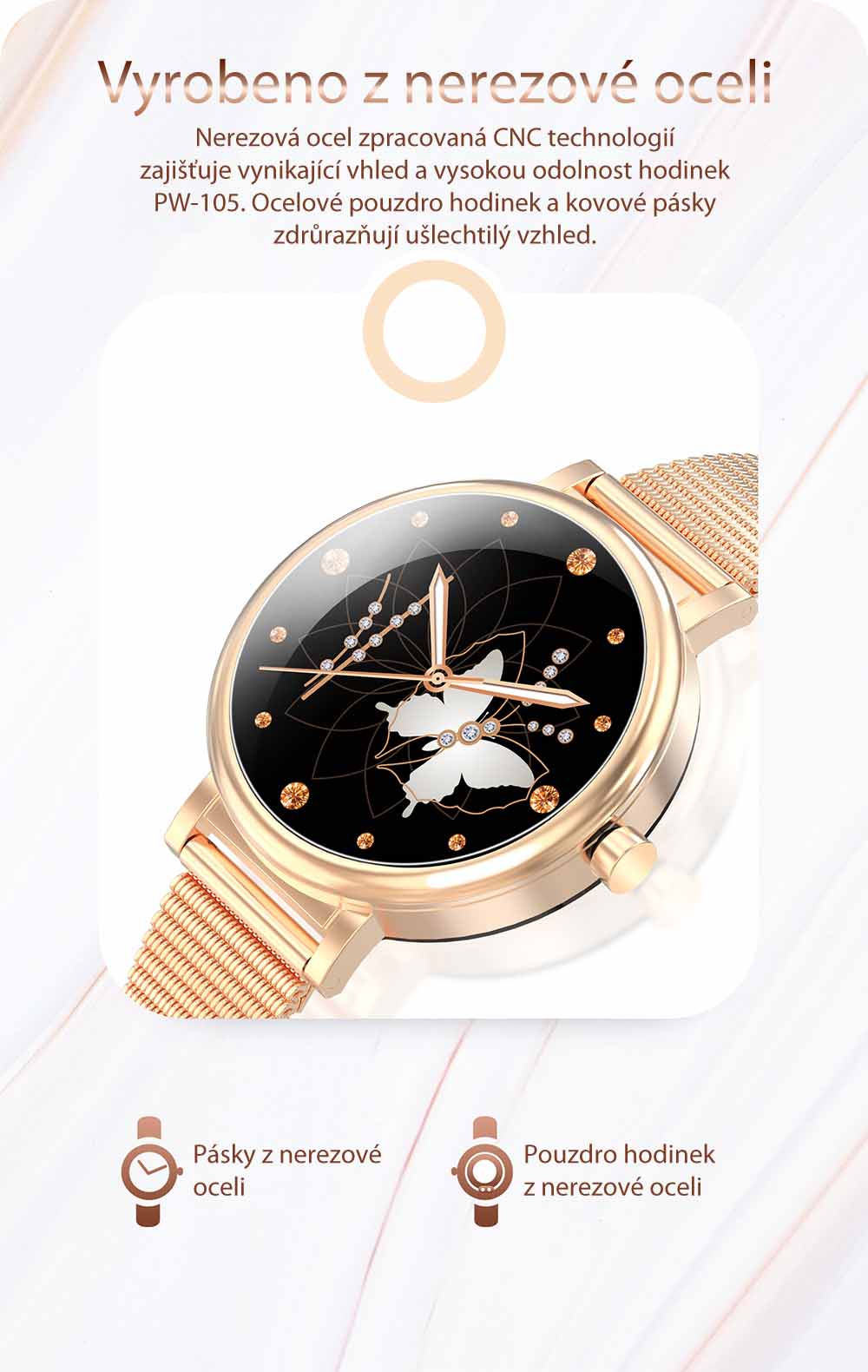 Chytré hodinky v češtině, PW-105, Bluetooth 5.0, elegantní dámské smart watch s krokoměrem, oxymetrem, měřením tepu, tlaku, stříbrné