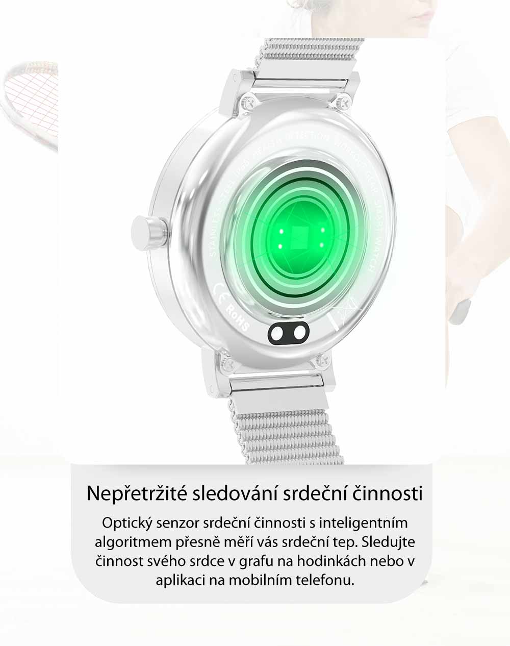 Chytré hodinky v češtině, PW-105, Bluetooth 5.0, elegantní dámské smart watch s krokoměrem, oxymetrem, měřením tepu, tlaku, stříbrné