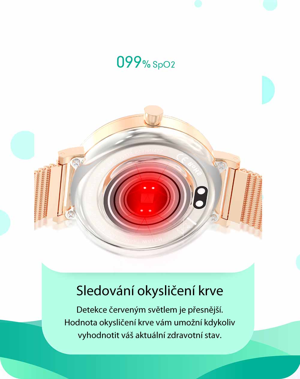 Chytré hodinky v češtině, PW-105, Bluetooth 5.0, elegantní dámské smart watch s krokoměrem, oxymetrem, měřením tepu, tlaku, stříbrné
