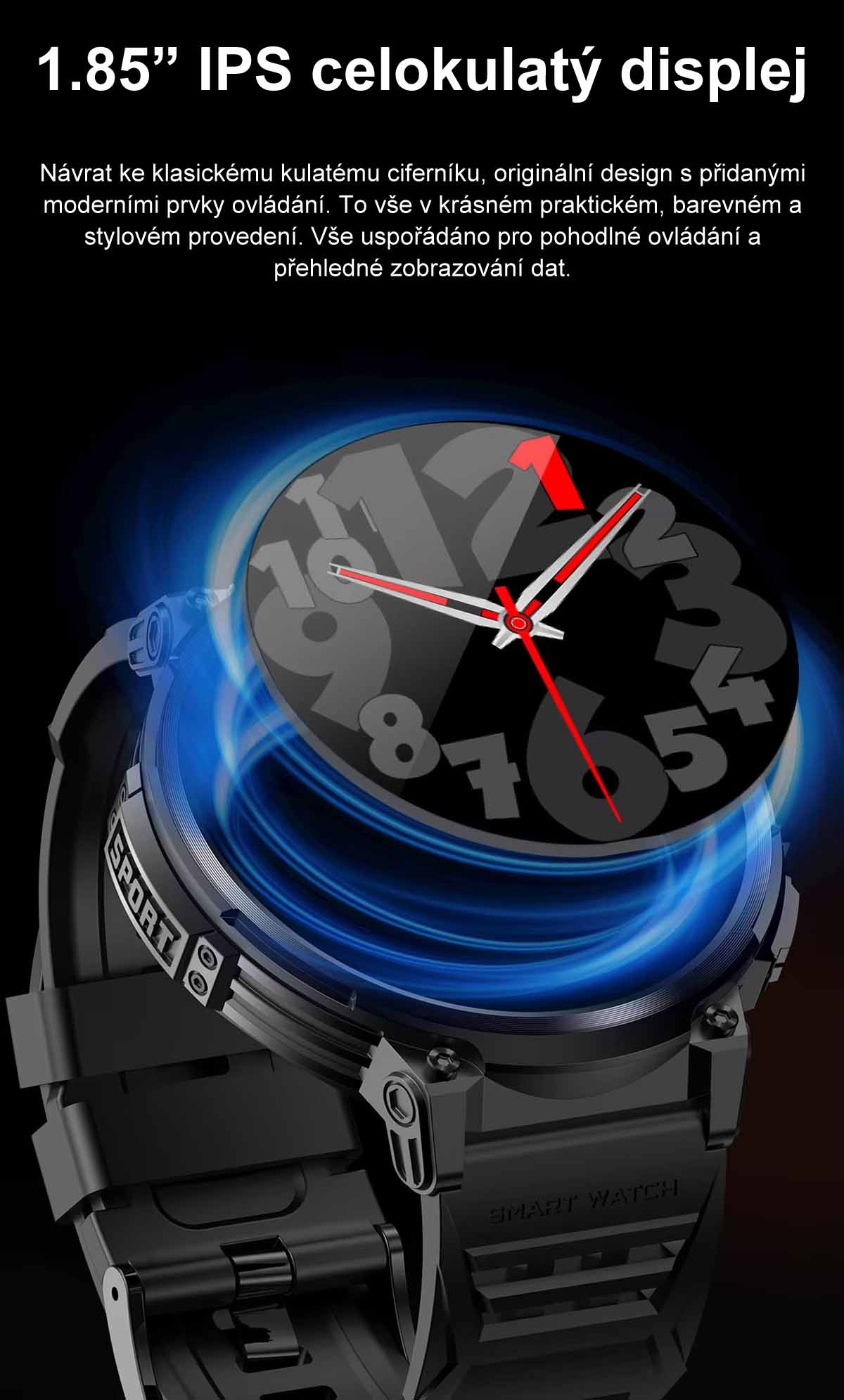 Chytré hodinky s telefonováním, smart watch v češtině, krokoměrem, oxymetrem, měřením tepu, tlaku, PW-166, černé s černým páskem