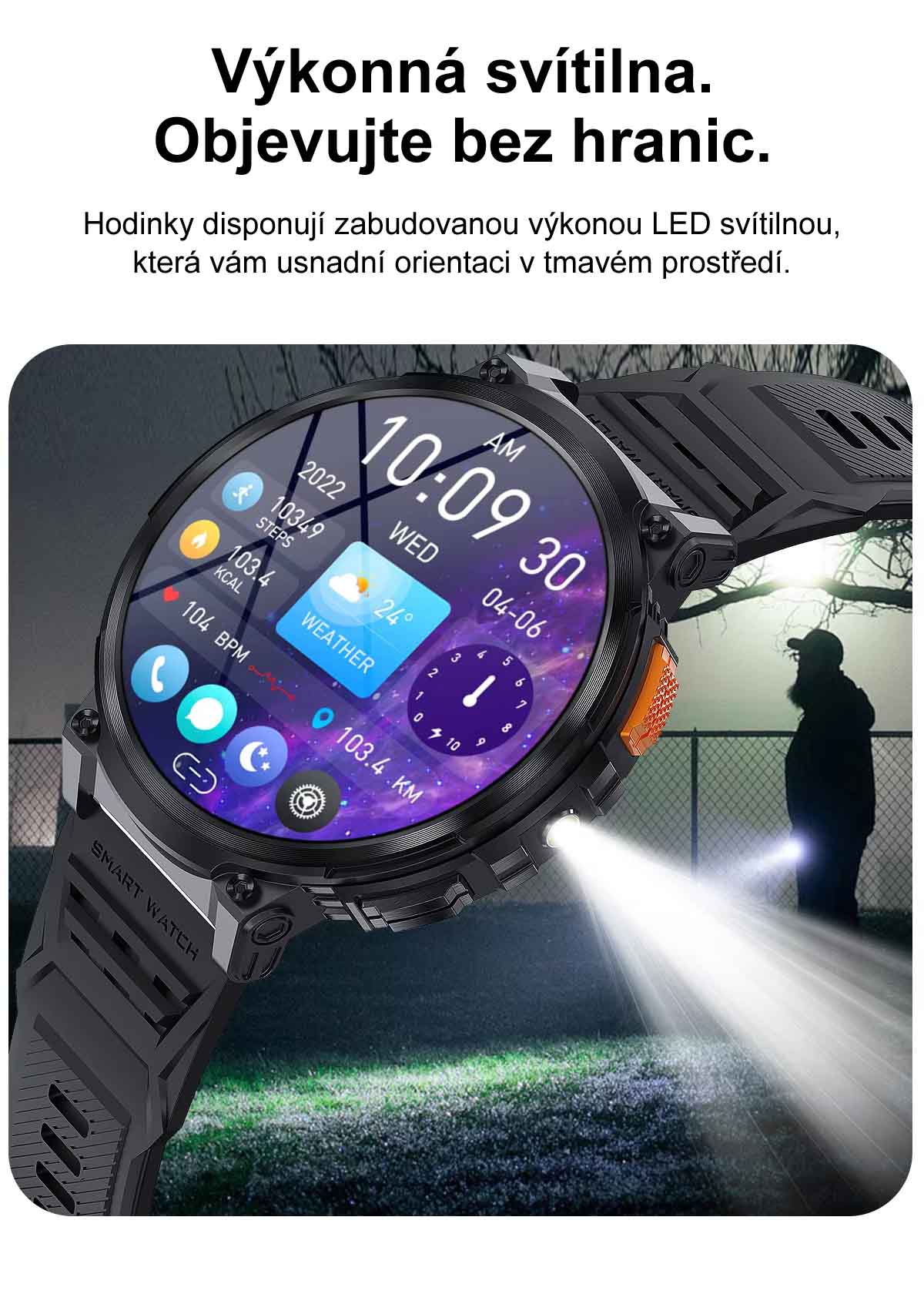 Chytré hodinky s telefonováním, smart watch v češtině, krokoměrem, oxymetrem, měřením tepu, tlaku, PW-166, černé s černým páskem