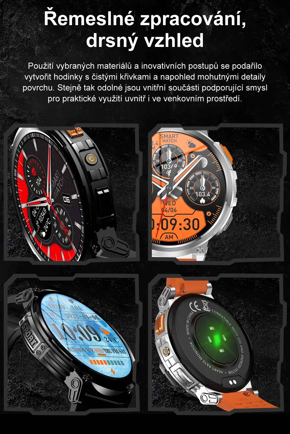Chytré hodinky s telefonováním, smart watch v češtině, krokoměrem, oxymetrem, měřením tepu, tlaku, PW-166, černé s černým páskem