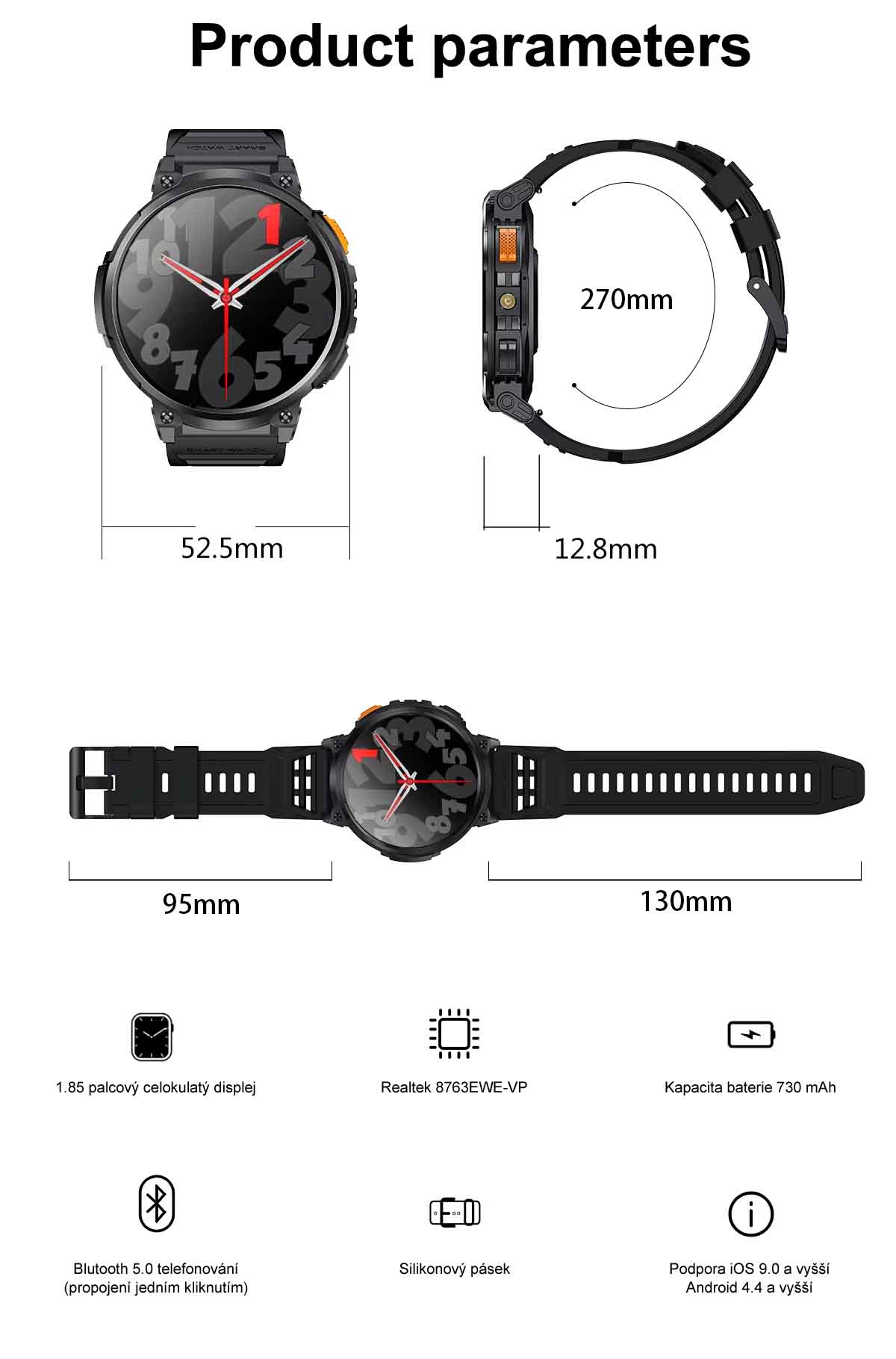 Chytré hodinky s telefonováním, smart watch v češtině, krokoměrem, oxymetrem, měřením tepu, tlaku, PW-166, černé s černým páskem