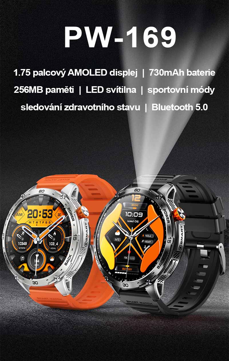 Chytré hodinky s telefonováním Printwell PW-169, LED svítilna, AMOLED , LET měření tepu, tlaku, SpO2, krokoměr, české menu, BT 5.0, černé