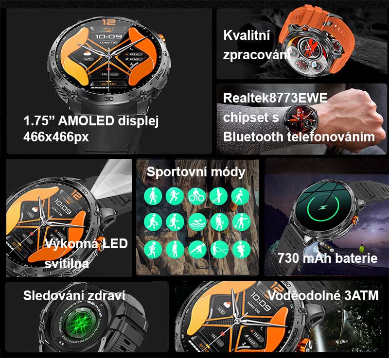 Chytré hodinky s telefonováním Printwell PW-169, LED svítilna, AMOLED , LET měření tepu, tlaku, SpO2, krokoměr, české menu, BT 5.0, černé