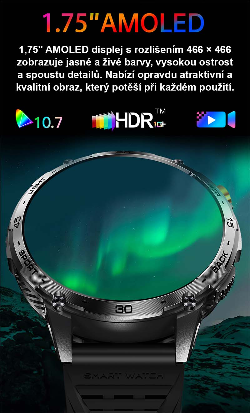 Chytré hodinky s telefonováním Printwell PW-169, LED svítilna, AMOLED , LET měření tepu, tlaku, SpO2, krokoměr, české menu, BT 5.0, černé