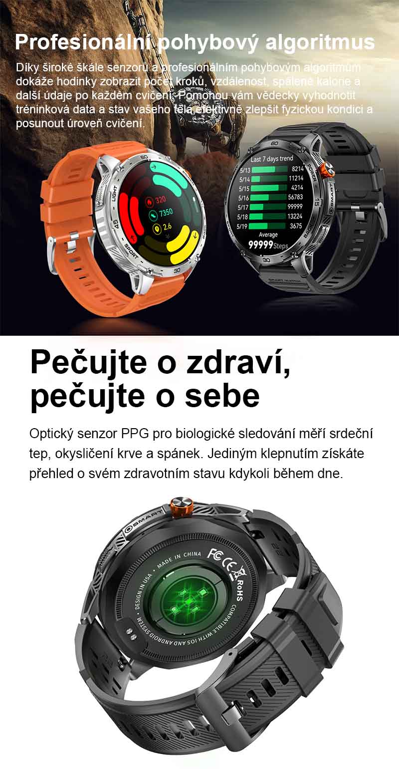 Chytré hodinky s telefonováním Printwell PW-169, LED svítilna, AMOLED , LET měření tepu, tlaku, SpO2, krokoměr, české menu, BT 5.0, černé